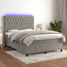 Cama box spring colchón y LED terciopelo gris claro 140x190 cm Cama box spring colchón y LED terciopelo gris claro 140x190 cm