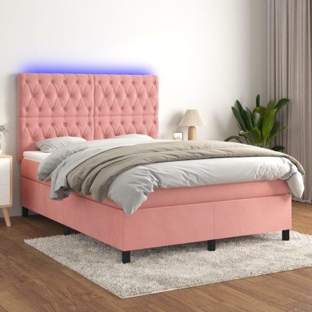 Cama box spring colchón y LED terciopelo rosa 140x200 cm