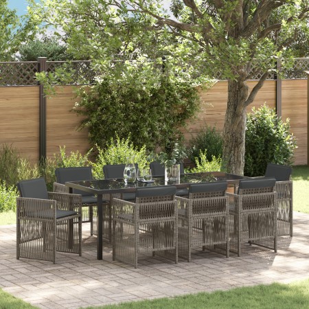 Conjunto de Comedor de Jardín de 9 Piezas con Cojines Ratán Gris,  Mesa de Jardín Negra 200x80x73 cm Vidrio Templado | Foro24.es | Tu tienda online para hogar, jardín y más Foro24.es