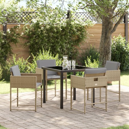 Set de Comedor de Jardín de 5 Piezas con Cojines Ratán Poliéster Beige, Mesa de Jardín Negra 140x80x73 cm Vidrio Templado von...