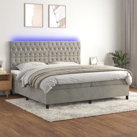 Cama box spring colchón y LED terciopelo gris claro 200x200 cm Cama box spring colchón y LED terciopelo gris claro 200x200 cm