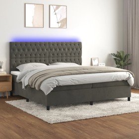 Cama box spring colchón y LED terciopelo gris oscuro 200x200 cm en Camas y somieres | Comprar online en Foro24