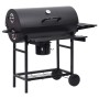 Parrilla de barril ruedas y estantes acero negro 115x85x95 cm