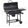 Parrilla de barril ruedas y estantes acero negro 115x85x95 cm
