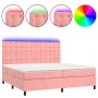 Cama box spring colchón y LED terciopelo rosa 200x200 cm