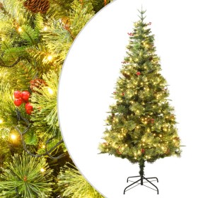 Árbol de Navidad con luces y piñas PVC PE verde 225 cm