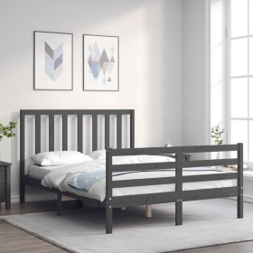 Estructura de cama con cabecero madera maciza gris