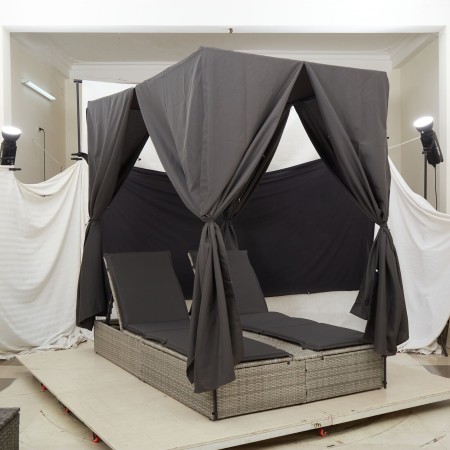 Tumbona Doble con Techo y Cortinas Gris Claro de Poliratán von , Betten im Freien - Ref: Foro24-42004121, Preis: 360,54 €, Ra...