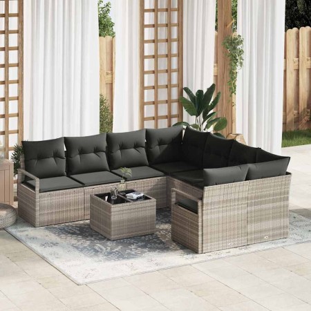 Conjunto de sofá de jardín 9 pcs Gris claro y negro