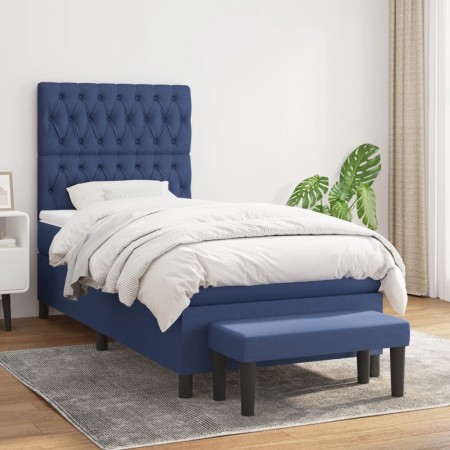 Cama box spring con colchón tela azul 100x200 cm