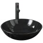 Lavabo de baño grifo y desagüe de empuje vidrio templado negro