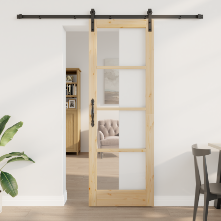 Puerta Deslizante con Herrajes 'ORKDAL'73.5x211 cm, Puerta Interior con Cristal 'ORKDAL'73.5x211x4 cm de Madera de Pino Maciz...