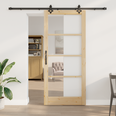 Puerta Deslizante con Herrajes 93x211 cm de Madera de Pino, Puerta Interior con Vidrio 'ORKDAL'93x211x4 cm de Madera de Pino ...