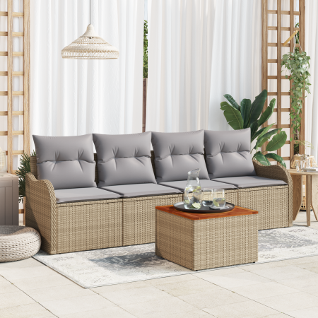 Juego de sofá de jardín de 5 piezas con cojines en ratán polipropileno beige y acacia | Foro24.es | Tu tienda online para hogar, jardín y más Foro24.es