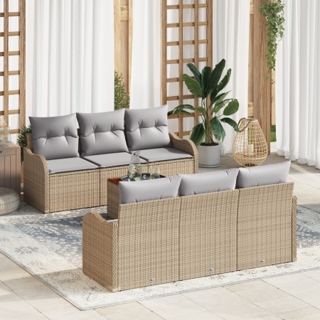 Juego de Sofás de Jardín de 7 Piezas con Cojines Beige Poliratán Acacia | Foro24.es | Tu tienda online para hogar, jardín y más Foro24.es