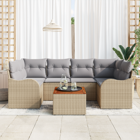 Juego de Sofá de Jardín de 7 Piezas con Cojines Beige de Poliratán Acacia | Foro24.es | Tu tienda online para hogar, jardín y más Foro24.es
