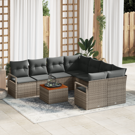Juego de Sofá de Jardín de 9 Piezas con Cojines Gris Ratán de Poli Acacia | Foro24.es | Tu tienda online para hogar, jardín y más Foro24.es