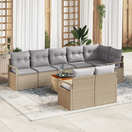 Juego de Sofá de Jardín de 9 Piezas con Cojines Beige de Ratán Polimérico Acacia | Foro24.es | Tu tienda online para hogar, jardín y más Foro24.es