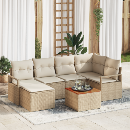 Juego de Sofá de Jardín de 7 Piezas con Cojines Beige Ratán Poliéster Acacia | Foro24.es | Tu tienda online para hogar, jardín y más Foro24.es