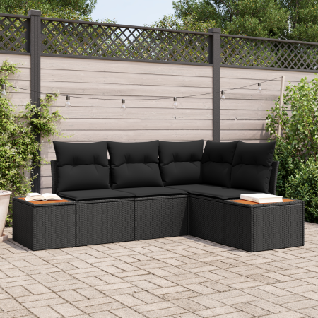 Conjunto de Sofás de Jardín de 4 Piezas con Cojines Negro de Polirratán Acacia | Foro24.es | Tu tienda online para hogar, jardín y más Foro24.es