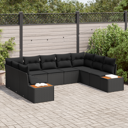 Conjunto de sofá de jardín de 9 piezas con cojines Ratán negro Acacia | Foro24.es | Tu tienda online para hogar, jardín y más Foro24.es