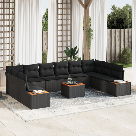 Juego de sofá de jardín de 11 piezas con cojines negros de poliratán y acacia | Foro24.es | Tu tienda online para hogar, jardín y más Foro24.es