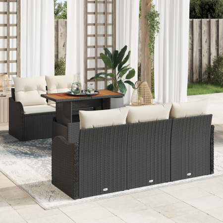 Juego de Sofá de Jardín de 6 Piezas con Cojines Ratán Poliéster Negro Acacia | Foro24.es | Tu tienda online para hogar, jardín y más Foro24.es