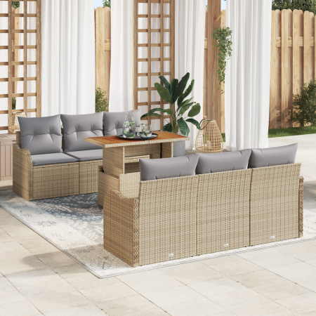Juego de sofá de jardín de 7 piezas con cojines beige ratán poli acacia | Foro24.es | Tu tienda online para hogar, jardín y más Foro24.es