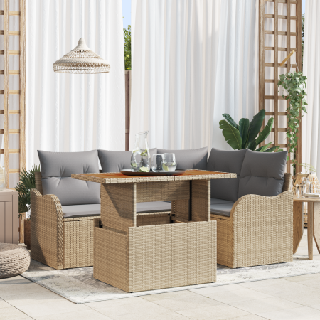 Juego de sofá de jardín de 5 piezas con cojines beige de ratán de poliéster y acacia | Foro24.es | Tu tienda online para hogar, jardín y más Foro24.es