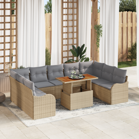 Juego de Sofás de Jardín de 10 Piezas con Cojines Beige Ratán Poliéster Acacia | Foro24.es | Tu tienda online para hogar, jardín y más Foro24.es