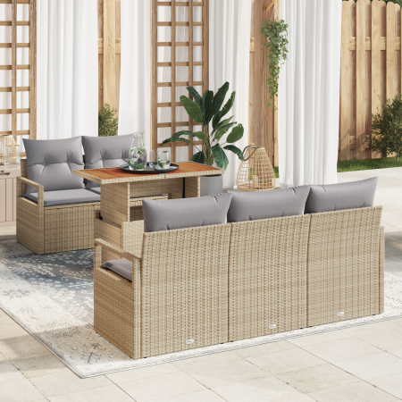 Juego de Sofás de Jardín de 6 Piezas con Cojines Beige de Ratán Poliéster Acacia von , Outdoor-Sofas - Ref: Foro24-3349650, P...
