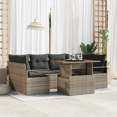 Juego de Sofá de Jardín de 7 Piezas con Cojines Gris Ratán Poli y Acacia | Foro24.es | Tu tienda online para hogar, jardín y más Foro24.es