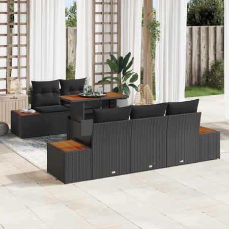 Conjunto de Comedor de Jardín de 6 Piezas con Cojines de Rattan Negro Acacia | Foro24.es | Tu tienda online para hogar, jardín y más Foro24.es