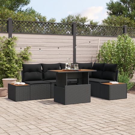 Juego de Comedor de Jardín de 6 Piezas con Cojines Negro Poliratán Acacia | Foro24.es | Tu tienda online para hogar, jardín y más Foro24.es