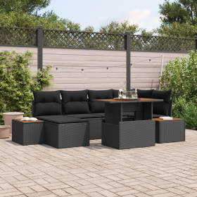 Set de Comedor de Jardín de 7 Piezas con Cojines Negro Poliratán Acacia de , Sofás de exterior - Ref: Foro24-3350085, Precio:...