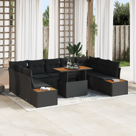 Juego de Comedor de Jardín de 10 Piezas con Cojines Negro de Ratan Poli Acacia | Foro24.es | Tu tienda online para hogar, jardín y más Foro24.es