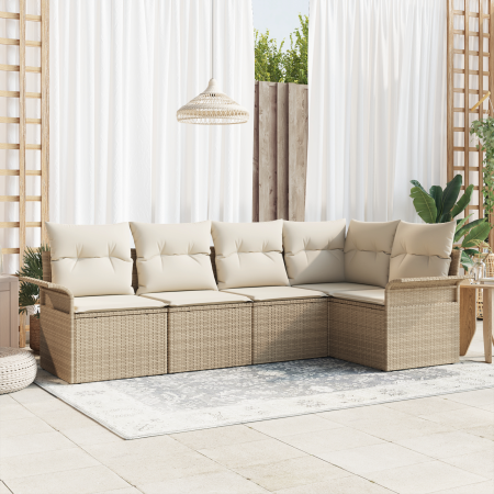 Juego de Sofá de Jardín de 5 Piezas con Cojines Beige Poliratán | Foro24.es | Tu tienda online para hogar, jardín y más Foro24.es