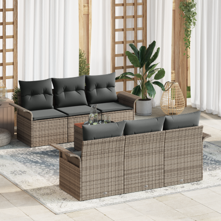 Juego de Sofá de Jardín de 7 Piezas con Cojines en Gris Poliratán y Madera de Acacia | Foro24.es | Tu tienda online para hogar, jardín y más Foro24.es