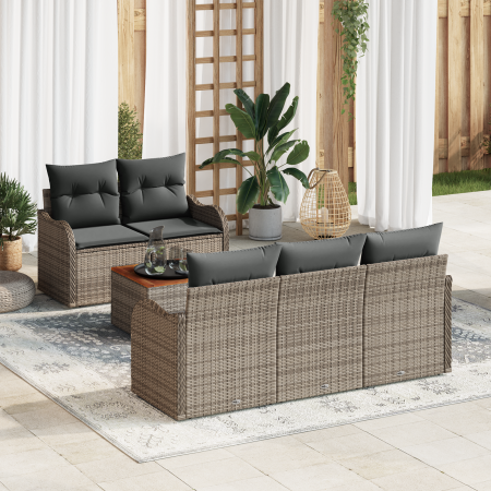 Conjunto de Sofás de Jardín de 6 Piezas con Cojines Gris Ratán Poliéster Acacia | Foro24.es | Tu tienda online para hogar, jardín y más Foro24.es