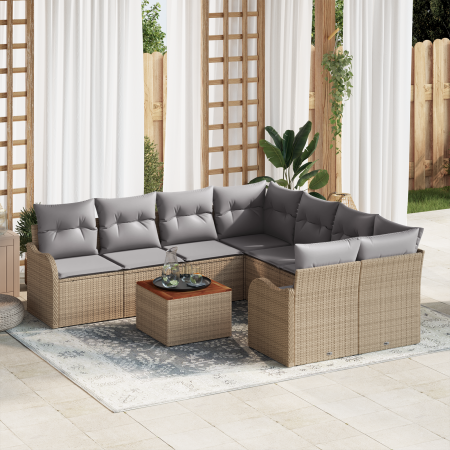 Juego de Sofás de Jardín de 9 Piezas con Cojines Beige Ratán Poliéster Acacia von , Outdoor-Sofas - Ref: Foro24-3356103, Prei...