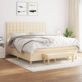 Cama box spring con colchón tela color crema 180x200 cm