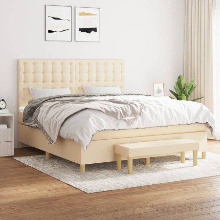 Cama box spring con colchón tela color crema 180x200 cm