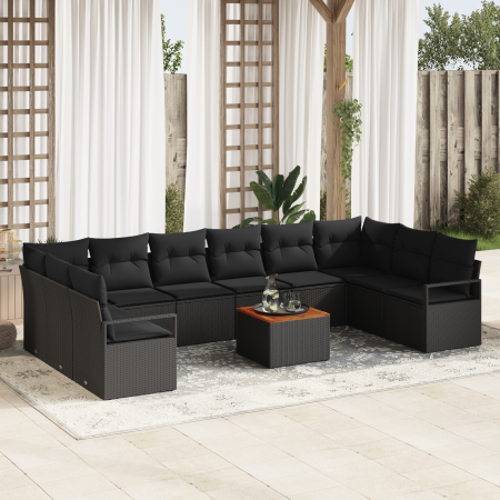 Juego de Sofás para Jardín de 11 Piezas con Cojines de Poliratán Negro y Acacia | Foro24.es | Tu tienda online para hogar, jardín y más Foro24.es