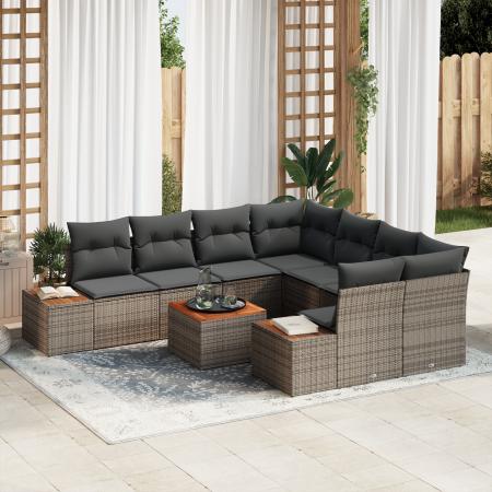 Juego de Sofá de Jardín de 9 Piezas con Cojines Gris Rattan Acacia | Foro24.es | Tu tienda online para hogar, jardín y más Foro24.es