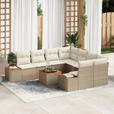 Juego de Sofá de Jardín de 9 Piezas con Cojines Beige Ratán Poliéster Acacia | Foro24.es | Tu tienda online para hogar, jardín y más Foro24.es