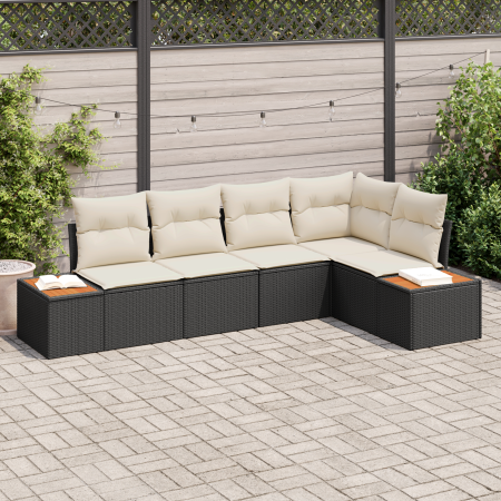 Juego de Sofá de Jardín de 5 Piezas con Cojines - Poliratán Negro y Acacia | Foro24.es | Tu tienda online para hogar, jardín y más Foro24.es