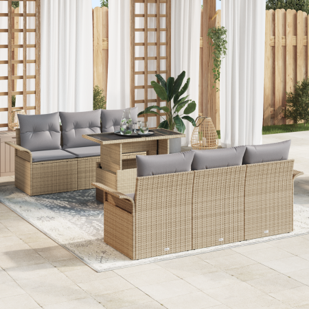 Juego de Sofás de Jardín de 7 Piezas con Cojines Beige Ratán Poly | Foro24.es | Tu tienda online para hogar, jardín y más Foro24.es