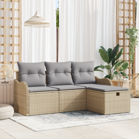 Juego de Sofá de Jardín de 4 Piezas con Cojines Beige de Ratán