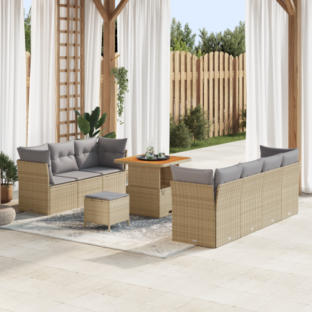 Juego de Sofá de Jardín de 10 Piezas con Cojines de Ratán Poliéster Beige Acacia | Foro24.es | Tu tienda online para hogar, jardín y más Foro24.es
