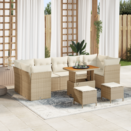 Juego de sofá de jardín de 10 piezas con cojines beige, ratán polimérico y acacia | Foro24.es | Tu tienda online para hogar, jardín y más Foro24.es